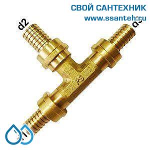 18147 Herz, P552502 Тройник латунный под надвижную гильзу, 25x3,5-14х2,0-25x3,5